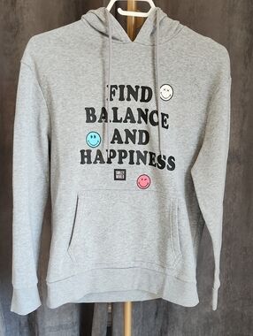 Find Balance and Happiness Grey Hoodie with Smiley Graphics